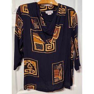 Sharon Anthony Vintage Black Geometric Print‎ Cowl Neck 3/4 Sleeve Tunic Top 16W